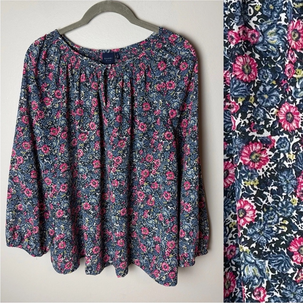 Kaari Blue Blouse Size Large Top 3/4 Sleeves Floral Blue Pink Green White